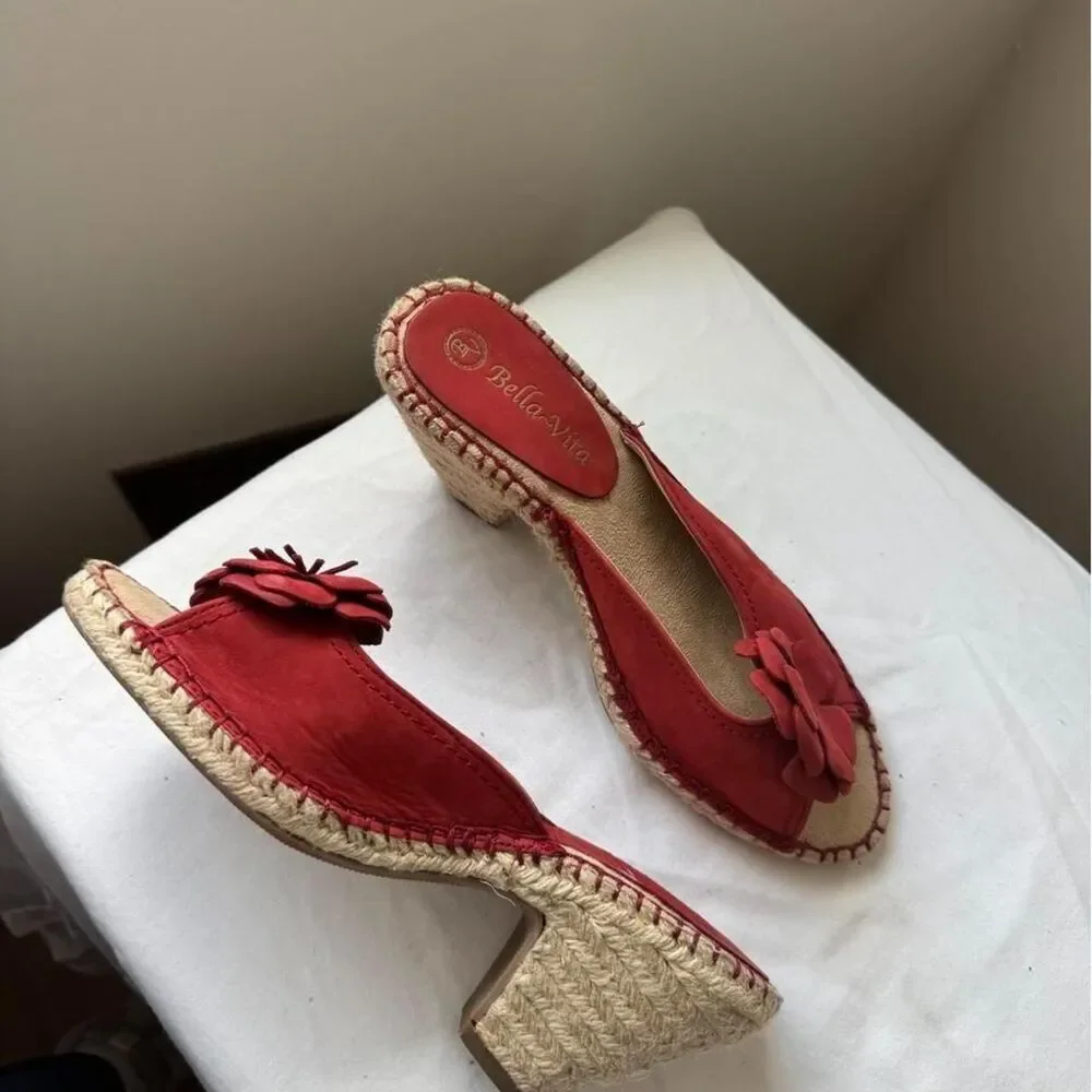 Bella Vita Red Leather Floral Espadrille Block Heel Mules Y2K Vintage Cottage 8